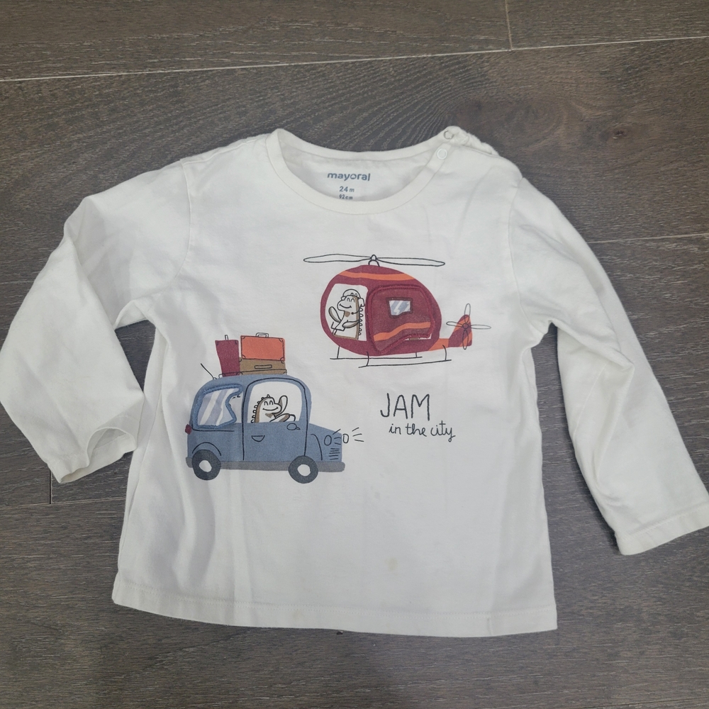 Mayoral White Long-Sleeve Tee with Blue Car and Red Helicopter 24m